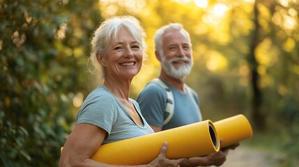 Active life of older people Happy sports couple going for a workout outdoors holding exercise mats and water Health and recovery healthy living hobbies in retirement : Generative AI