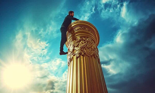 Man climbing golden pillar towards the sky with ai generated.

 