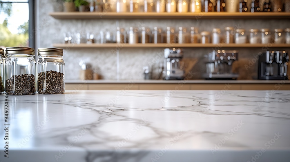 Aufkleber white marble counter table at foreground with blurry interior of cafe with glass jars arranged on sh