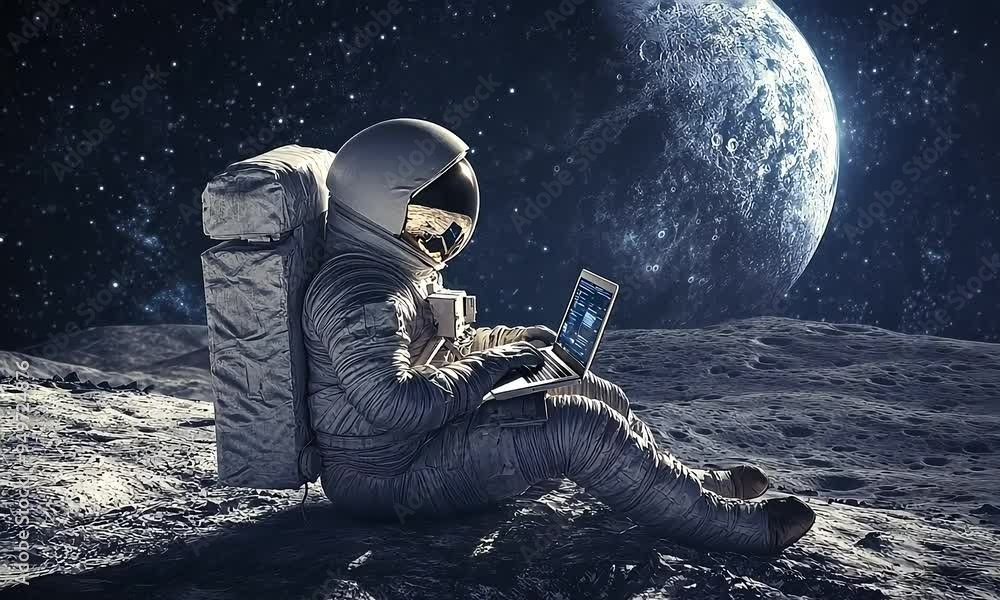 Wall mural astronaut using laptop on the moon's surface with ai generated.