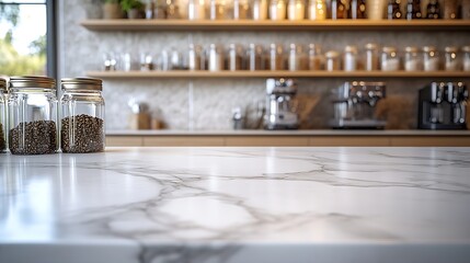 white marble counter table at foreground with blurry interior of cafe with glass jars arranged on shelf kitchenware at background for beverage food product displayed : Generative AI