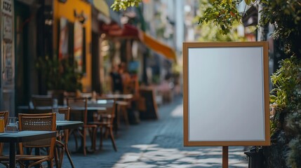 Blank white outdoor advertising stand sandwich board mock up template Clear street signage board placed by an outdoor dinning area of a restaurant Background texture of standee on stre : Generative AI