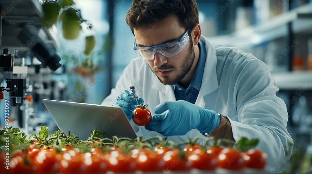 Aufkleber male scientist working on a laptop computer and picking up a halfcut labgrown tomato in a dish micro