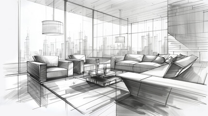 Monochromatic Sketch of a Modern, Minimalist Living Room Interior Featuring an Open Staircase and Contemporary Furniture Design, Emphasizing Simplicity and Functionality
