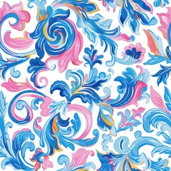 Blue painting style chintz and pastels seamless repeating flower pattern on white background