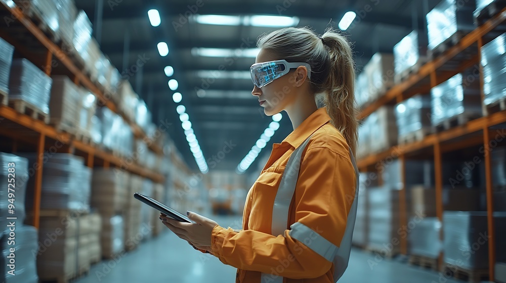 Leinwandbilder industry 40 modern warehouse female engineer in empty warehouse uses digital tablet computer with au