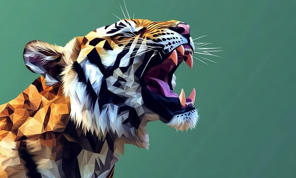 Polygonal roaring tiger illustration on green background with ai generated.
 - Powered by Adobe