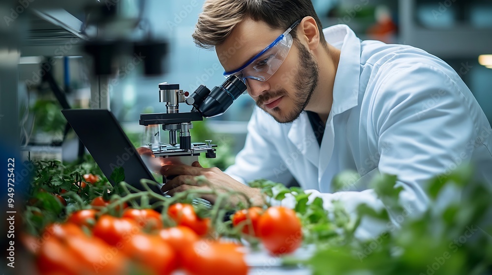 Poster male scientist working on a laptop computer and analyzing a labgrown tomato through a microscope mic