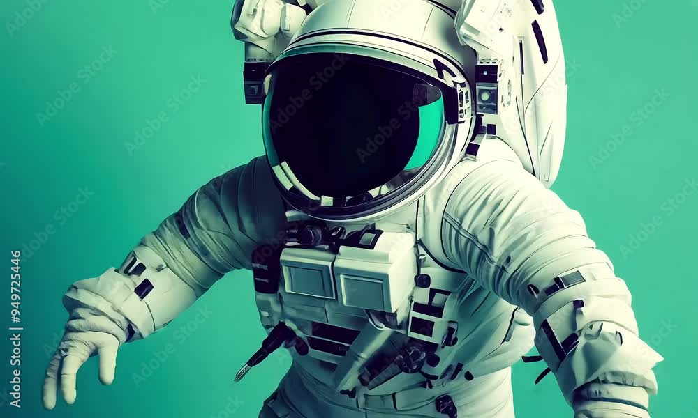 Wall mural astronaut in space suit floating against teal background with ai generated.