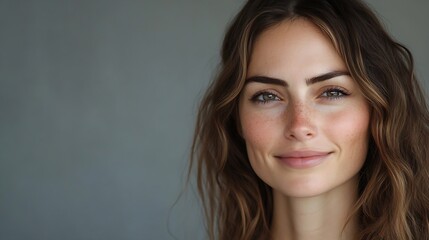 Portrait of beautiful smiling 30 years woman isolated on grey background closeup Copy space Banner Pretty face Looking at camera White skin big eyes and long brown hair European appear : Generative AI