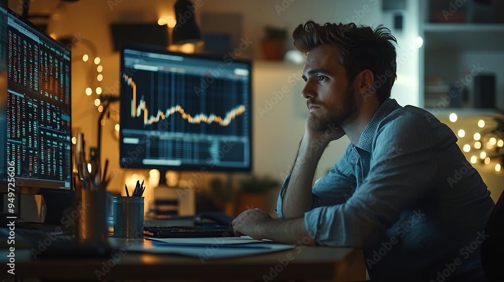Aufkleber Self employed broker investor in home office checking stock exchange profit calculating using pen and paper Freelancer in apartment looking at market shares growth writing on notepad c : Generative AI