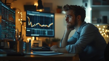Self employed broker investor in home office checking stock exchange profit calculating using pen and paper Freelancer in apartment looking at market shares growth writing on notepad c : Generative AI