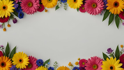 Obraz premium Frame with colorful flowers on clear white background. Greeting card design for holiday, Mother Day