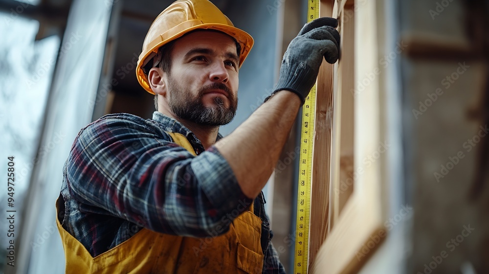 Poster Technician worker in uniform using measuring tape tool to measuring wood window in the home construction site repair and fix for problem in the house : Generative AI