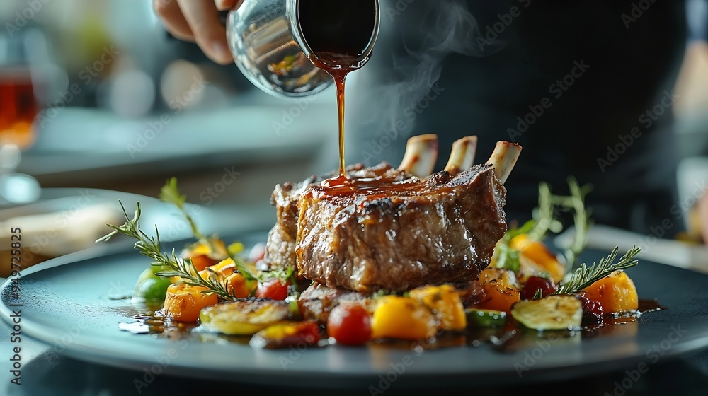 Poster chef pouring sauce on lamb chops with various vegetables at a fine dining restaurant : generative ai