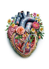 Naklejka premium Anatomical Heart Illustration with Flowers Blending Medical and Artistic Elements