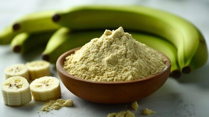 Banana flour and raw green bananas on a white background prebiotic food for gut health : Generative AI