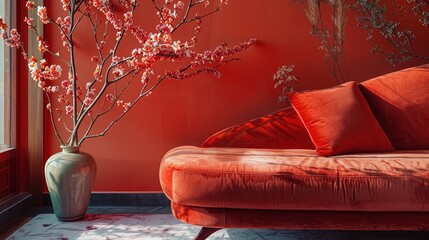 Red sofa and room with side pot of flower