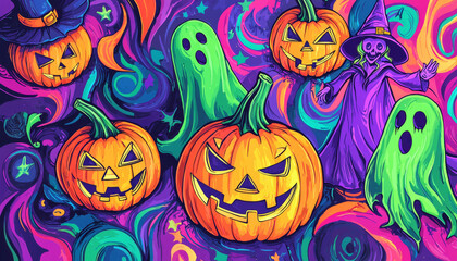Obraz premium Halloween Pumpkins, Ghosts, and a Witch on a Colorful Swirling Background