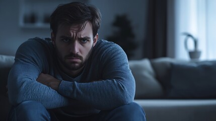 Obraz premium Man with mental health problem sitting on couch to resting head on his arms with depressed emotion : Generative AI