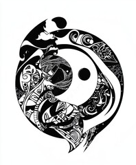 A stylized yin-yang symbol with intricate patterns and designs.