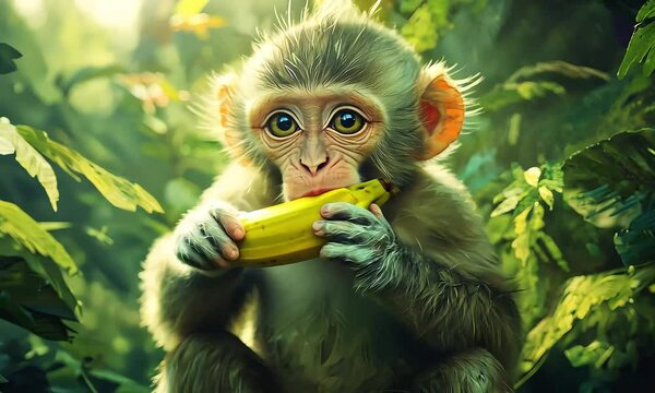 Cute baby monkey eating banana in jungle with ai generated.
