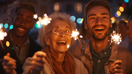 Varied group of individuals enjoys laughter and fun while holding sparklers at a new year's eve gathering