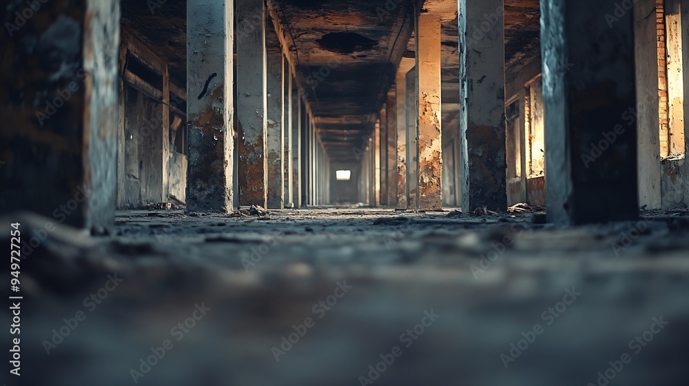 Poster interior industrial corridor in abandoned factory construction and architecture : generative ai