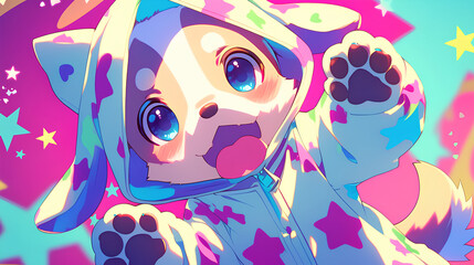 cute dog character wearing anime onesie costume, anime style, cute kawaii, simple, smiling happy. neon psychedelic background
