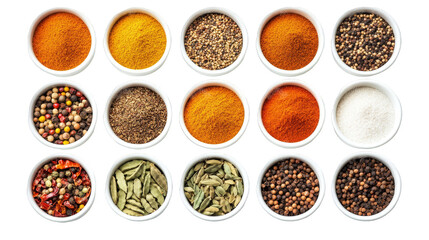 A white bowl filled with a variety of spices including pepper, cumin