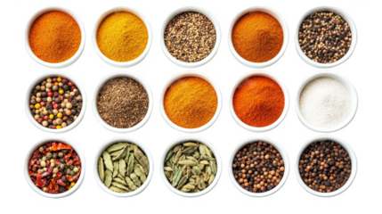 A white bowl filled with a variety of spices including pepper, cumin