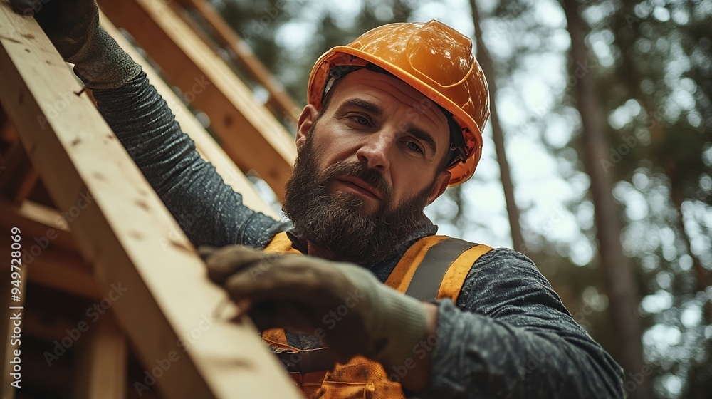 Poster carpenter constructing wooden frame house near the forest bearded man hammering nails into structure