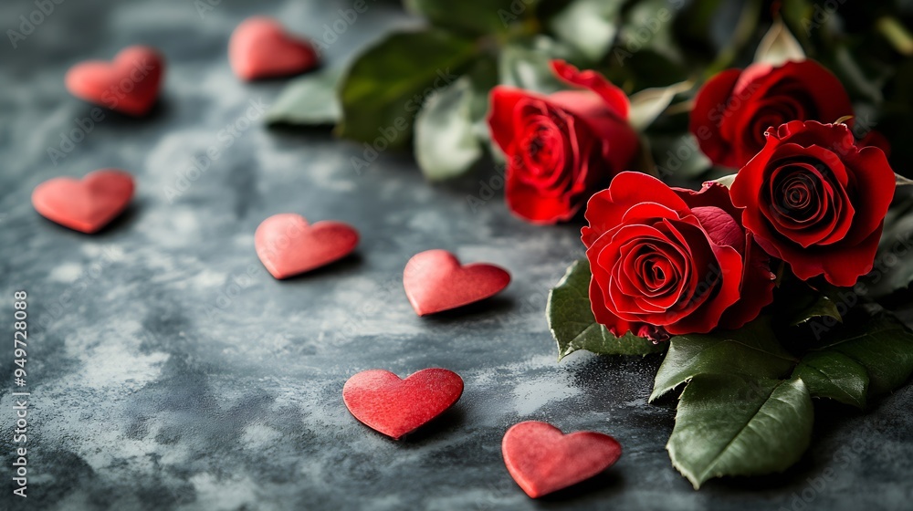 Poster valentine day composition with rose flower and red heart on table top view flat lay copy space holid