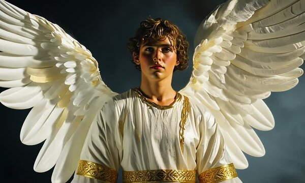 Young angel with golden wings in heavenly light with ai generated.
