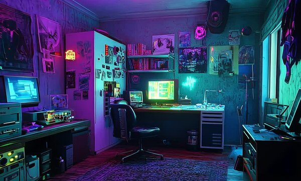 Retro cyberpunk-themed room with neon lighting with ai generated.
