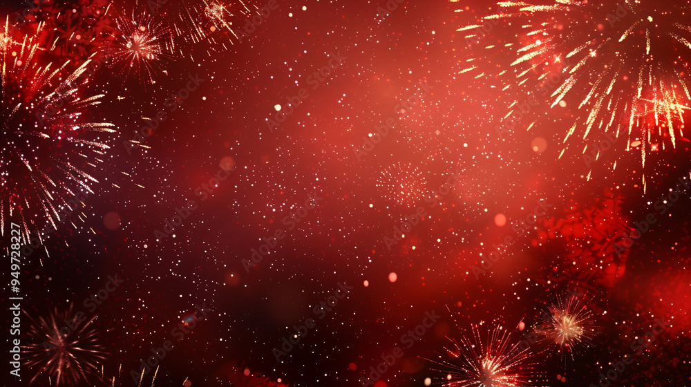 Poster red fireworks exploding in a night sky with bokeh and copy space, perfect for a new year celebration