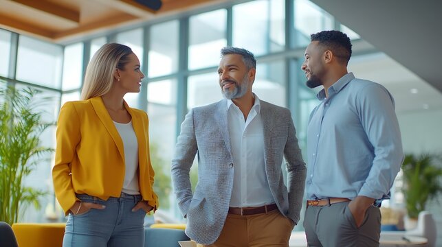 Diverse team standing talking in modern office lounge copy space : Generative AI
