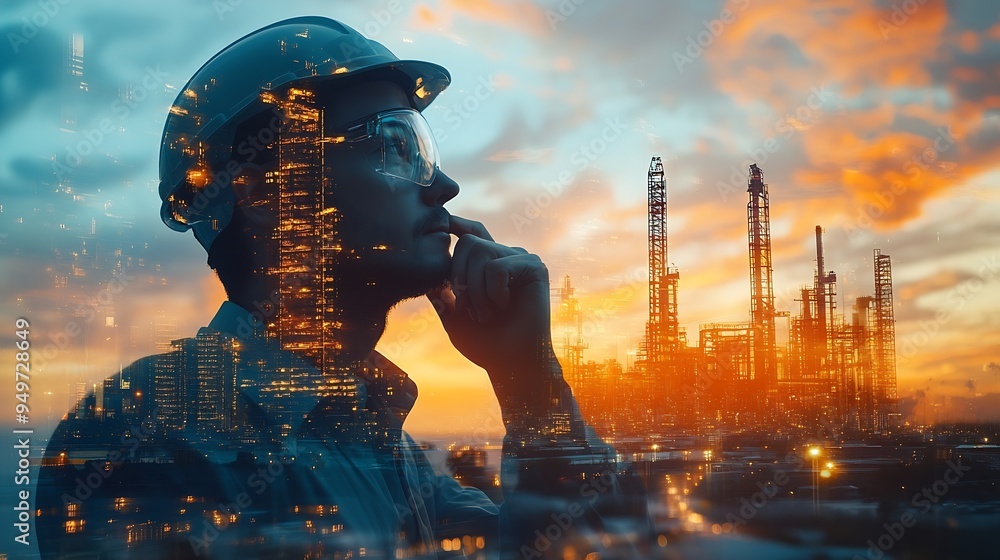 Aufkleber The double exposure image of the engineer thinking overlays with cityscape image with copy space The concept of engineering construction futuristic and industry : Generative AI