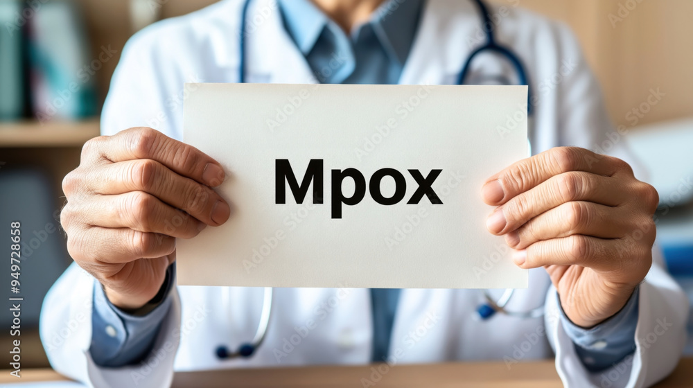 Poster A doctor holding a sign with 'Mpox' written on it, highlighting the medical topic of Mpox disease.