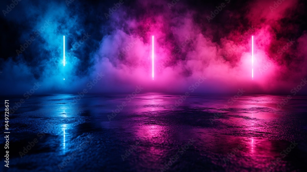 Poster Empty background scene Dark street reflection on wet asphalt Rays of neon colorful light in the dark neon figures smoke Background of empty stage show Abstract dark and neon light back : Generative AI