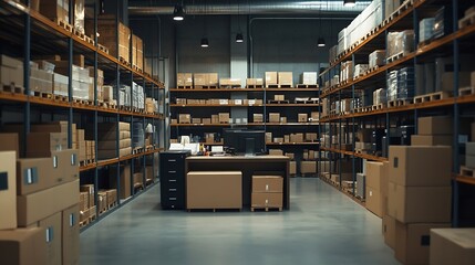 Obraz premium Empty storage room with office desk and shelves warehouse filled with boxes of retail products Order management and quality control space for stock merchandise small business : Generative AI