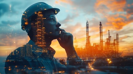 The double exposure image of the engineer thinking overlays with cityscape image with copy space The concept of engineering construction futuristic and industry : Generative AI