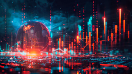 Futuristic city skyline illuminated by vibrant data streams and a glowing Earth against a digital backdrop at night