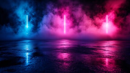 Empty background scene Dark street reflection on wet asphalt Rays of neon colorful light in the dark neon figures smoke Background of empty stage show Abstract dark and neon light back : Generative AI