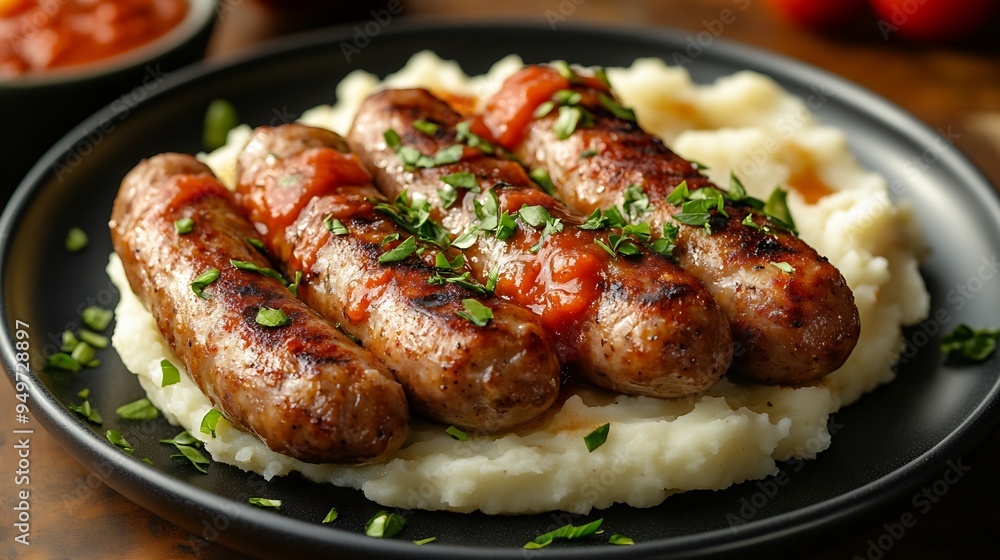 Poster devilled sausages with mashed potato spiced tomato and apple sauce : generative ai