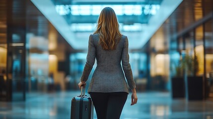 Rear view of businesswoman walking with suitcase in office : Generative AI