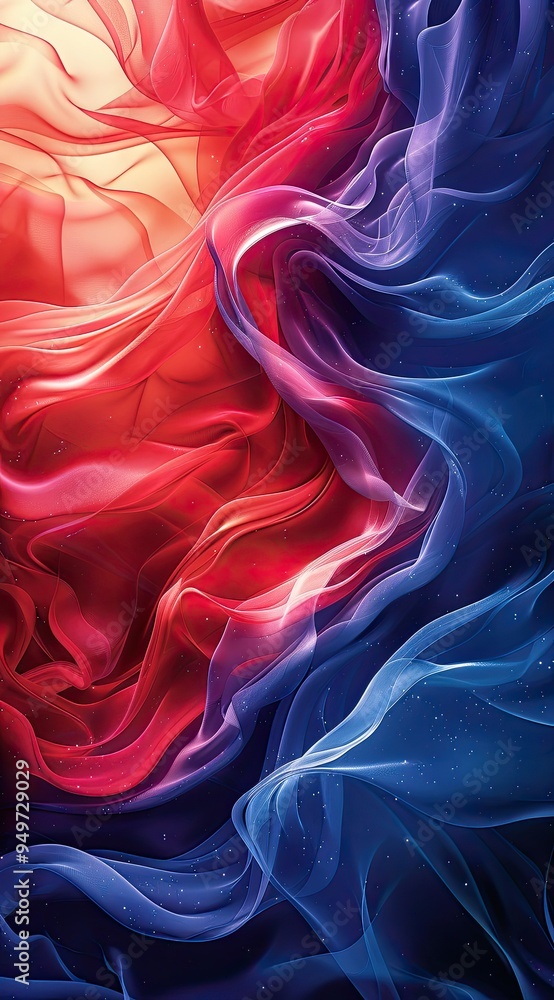 Poster red and blue abstract background with flowing shapes and fluid textures