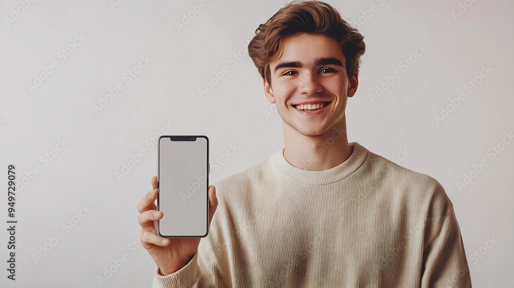 Aufkleber Handsome young man holding a smartphone mockup with a blank screen and smiling on a white background Celebrating success Gadget with empty space for mockup banner app : Generative AI