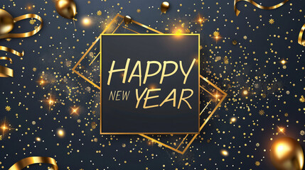 Fototapeta premium Happy new year with golden confetti, balloons, and frame on dark blue background