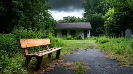 overgrown garden with neglected plants and a broken garden bench
